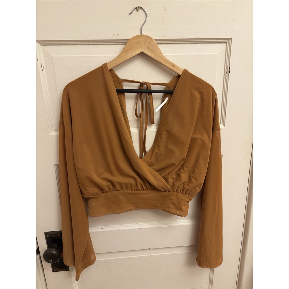 Free People Women's Taupe Wrap Crop Top Bell Sleeves Size Small New $68